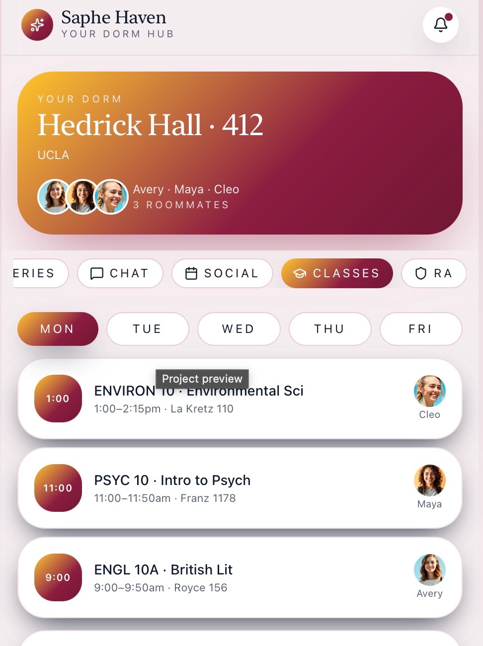Saphe Haven — Shared class schedule view