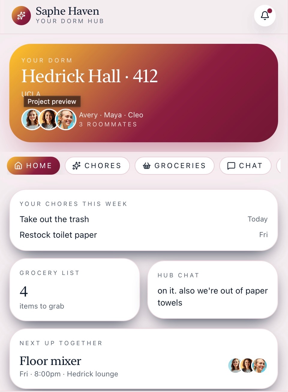 Saphe Haven — Dorm hub home with chores, groceries and chat